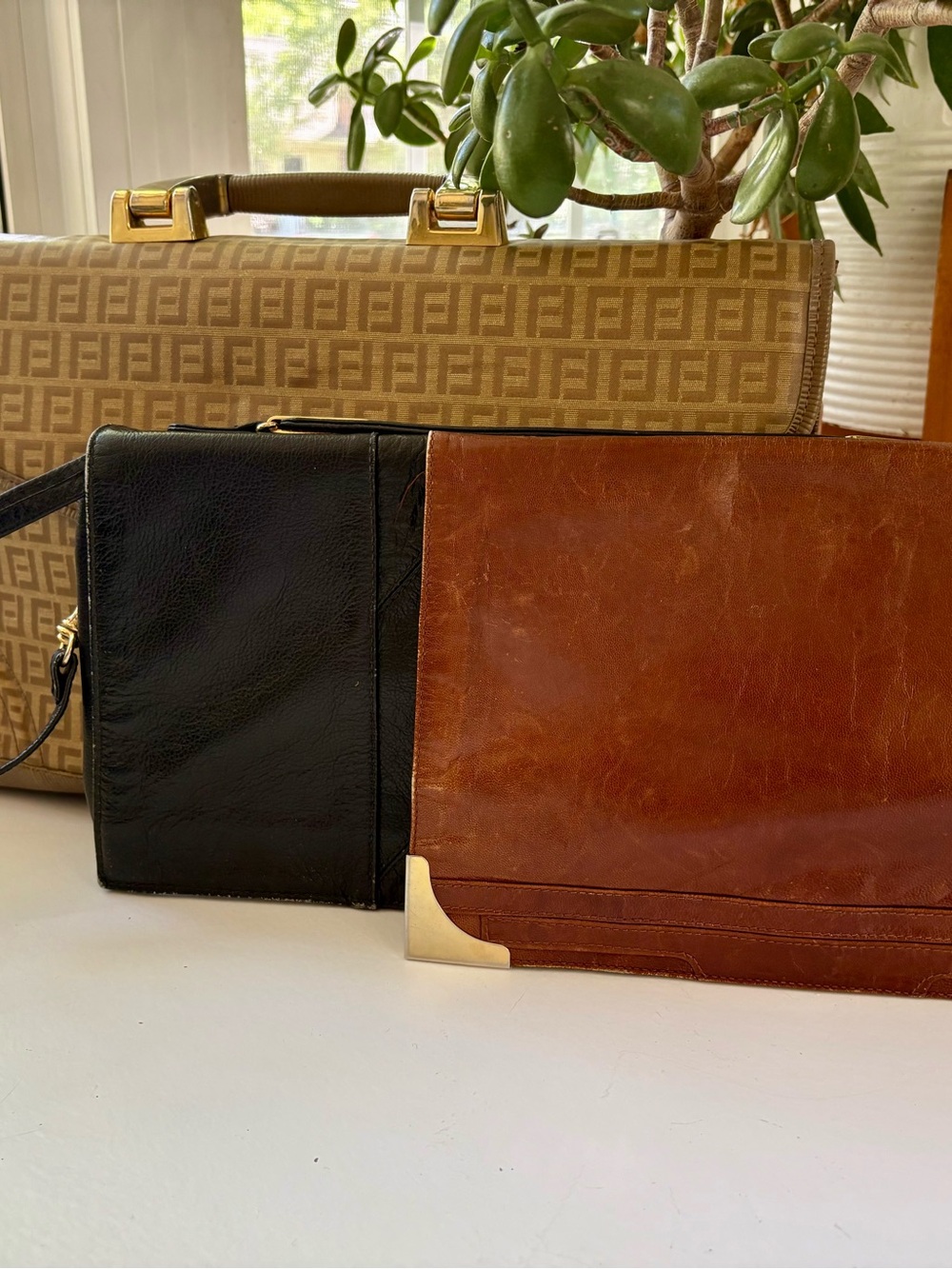 Vintage Beige Monogram Tote with Black and Brown Leather Clutches
